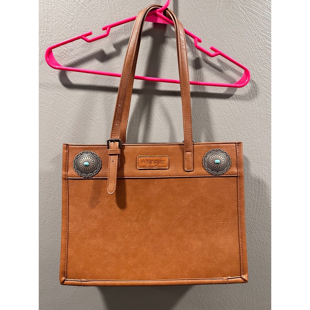 Wrangler Western Tote Bag Cognac Brown Faux Leather Concho Turquoise Accent